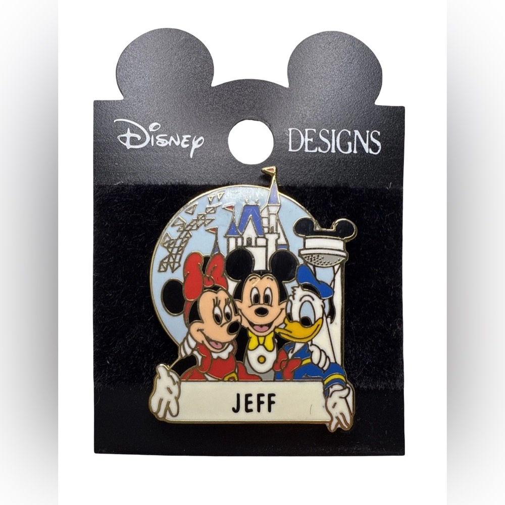 Disney Personalized 'JEFF’ Name Souvenir Lapel Pin w/Mickey Minnie & Donald NWT